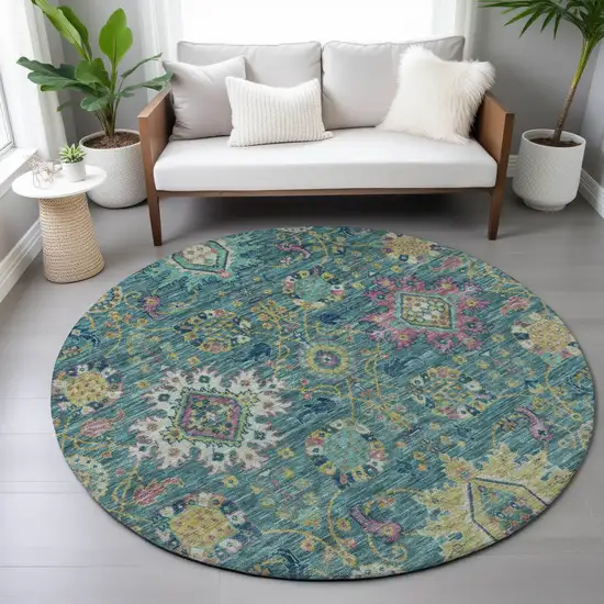 8' Teal Blue Gold And Pink Round Medallion Washable Indoor Outdoor Area Rug Photo 8