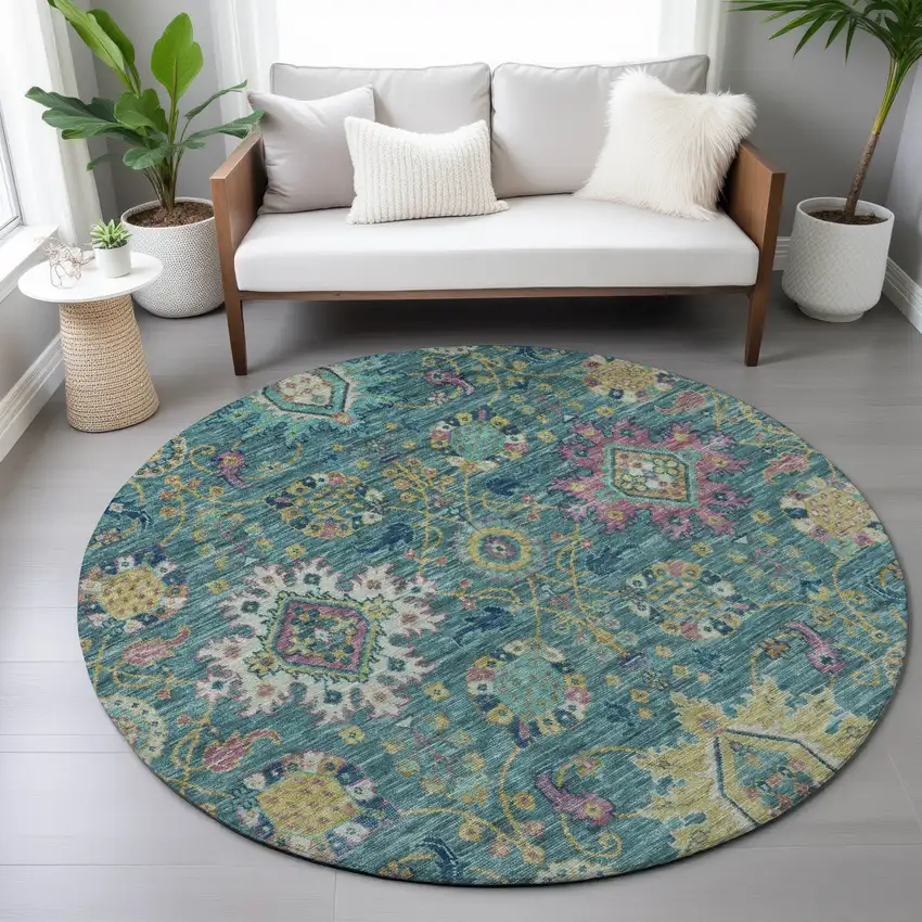 8' Teal Blue Gold And Pink Round Medallion Washable Indoor Outdoor Area Rug Photo 8