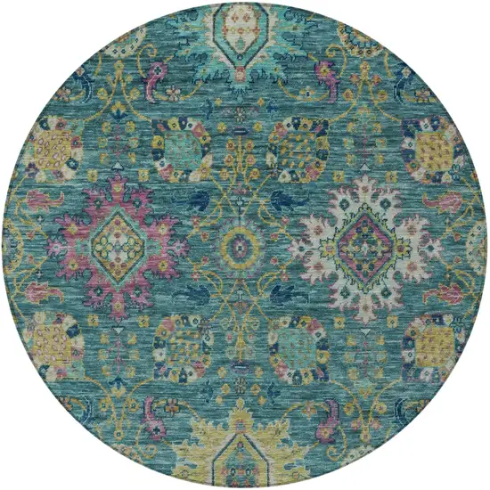 8' Teal Blue Gold And Pink Round Medallion Washable Indoor Outdoor Area Rug Photo 4