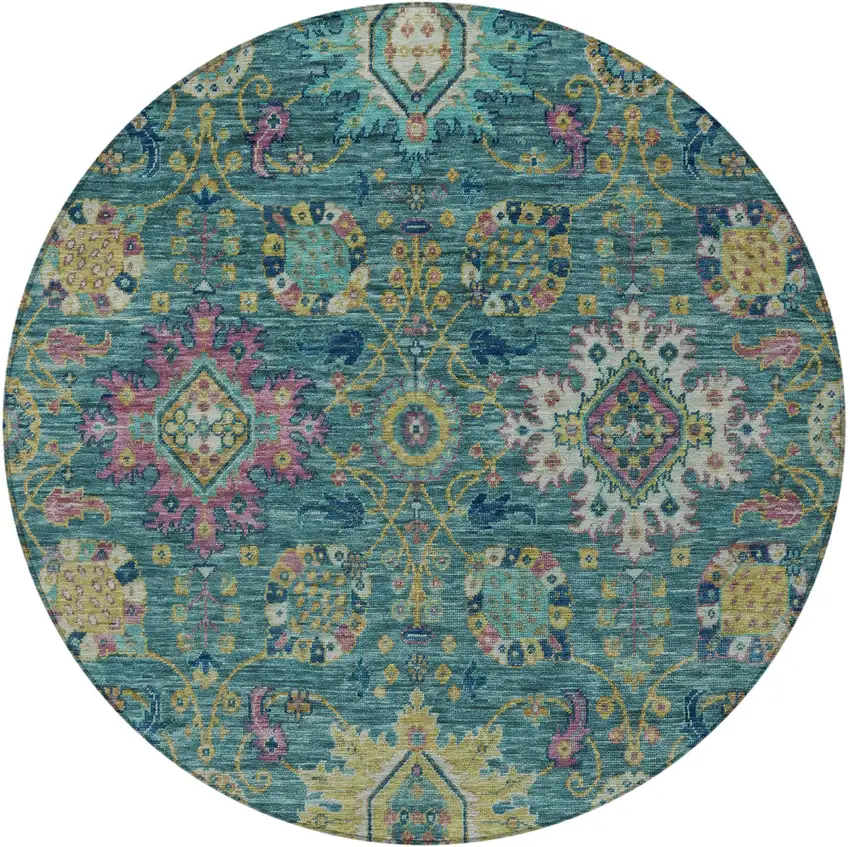 8' Teal Blue Gold And Pink Round Medallion Washable Indoor Outdoor Area Rug Photo 4
