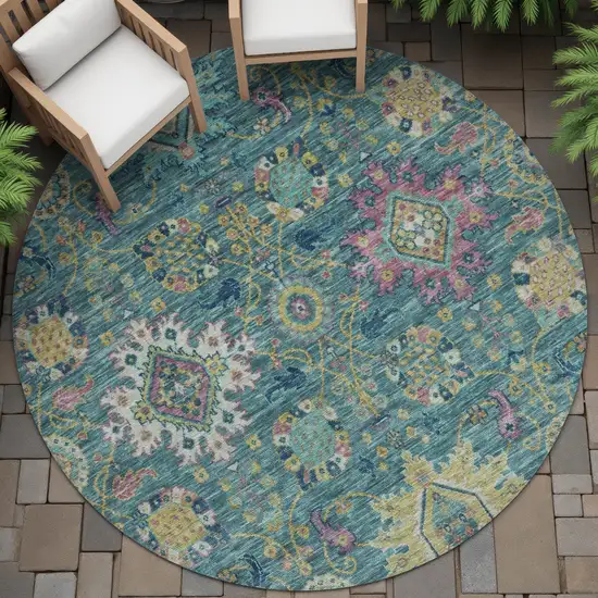 8' Teal Blue Gold And Pink Round Medallion Washable Indoor Outdoor Area Rug Photo 7