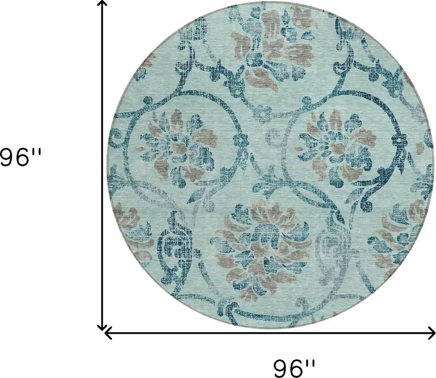 8' Teal Blue Gray And Aqua Round Floral Washable Indoor Outdoor Area Rug Photo 8
