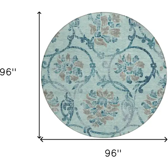 8' Teal Blue Gray And Aqua Round Floral Washable Indoor Outdoor Area Rug Photo 8