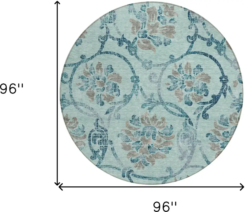 8' Teal Blue Gray And Aqua Round Floral Washable Indoor Outdoor Area Rug Photo 8