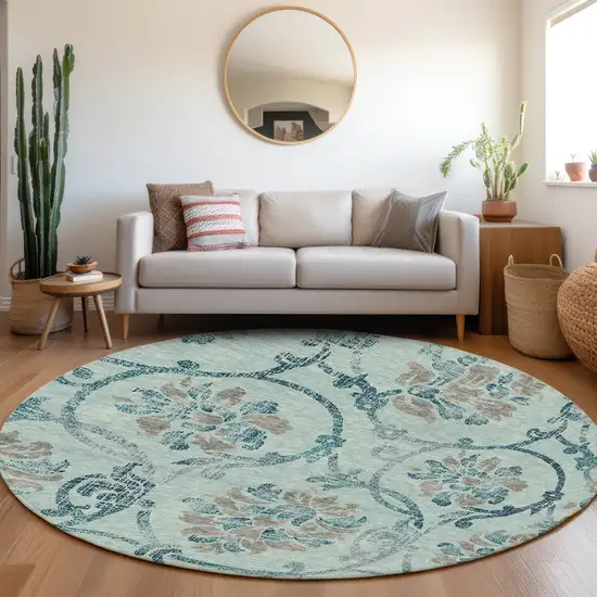 8' Teal Blue Gray And Aqua Round Floral Washable Indoor Outdoor Area Rug Photo 7