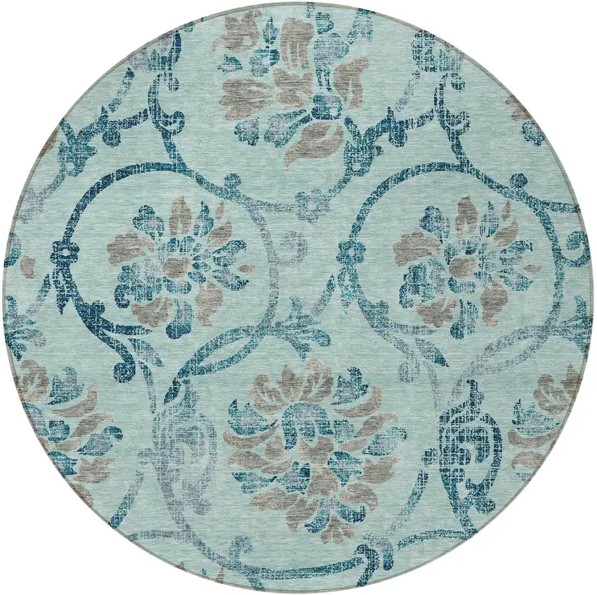 8' Teal Blue Gray And Aqua Round Floral Washable Indoor Outdoor Area Rug Photo 5