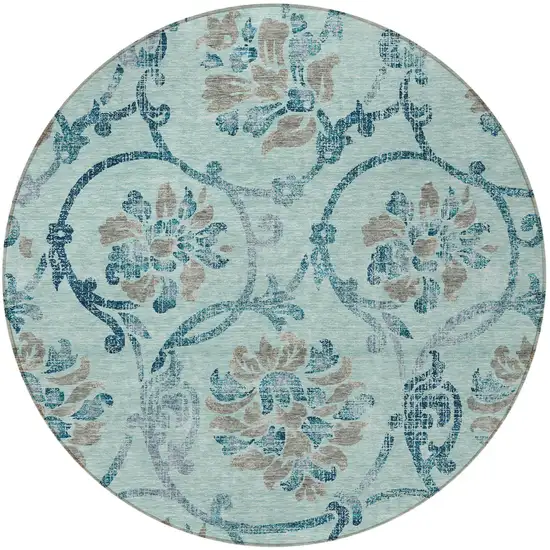 8' Teal Blue Gray And Aqua Round Floral Washable Indoor Outdoor Area Rug Photo 5