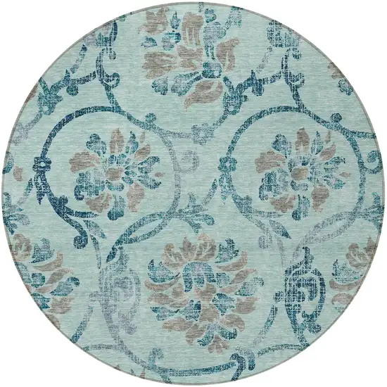8' Teal Blue Gray And Aqua Round Floral Washable Indoor Outdoor Area Rug Photo 5