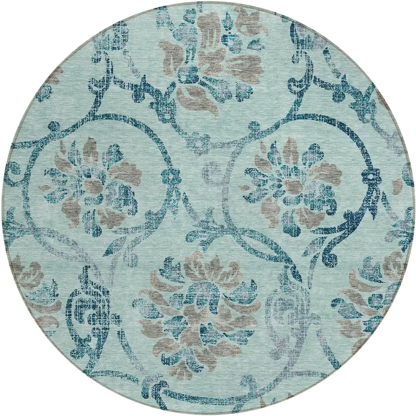 8' Teal Blue Gray And Aqua Round Floral Washable Indoor Outdoor Area Rug Photo 1