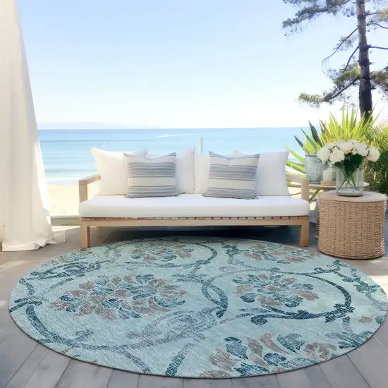 8' Teal Blue Gray And Aqua Round Floral Washable Indoor Outdoor Area Rug Photo 6