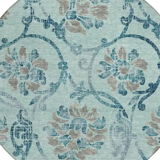 8' Teal Blue Gray And Aqua Round Floral Washable Indoor Outdoor Area Rug Photo 4