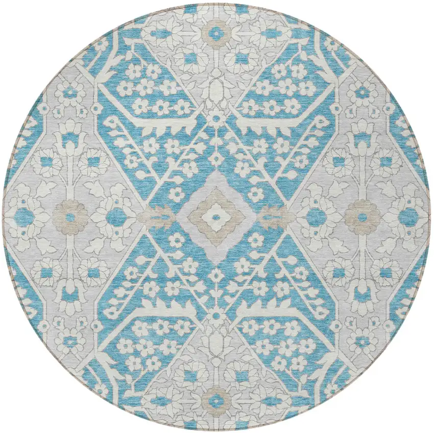 8' Teal Blue Gray And Beige Round Floral Washable Indoor Outdoor Area Rug Photo 6