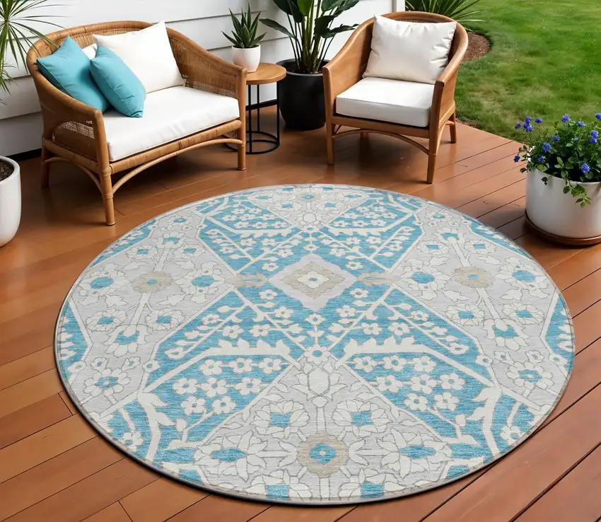 8' Teal Blue Gray And Beige Round Floral Washable Indoor Outdoor Area Rug Photo 1