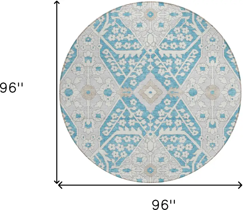 8' Teal Blue Gray And Beige Round Floral Washable Indoor Outdoor Area Rug Photo 3