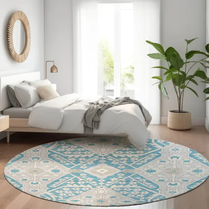 8' Teal Blue Gray And Beige Round Floral Washable Indoor Outdoor Area Rug Photo 8
