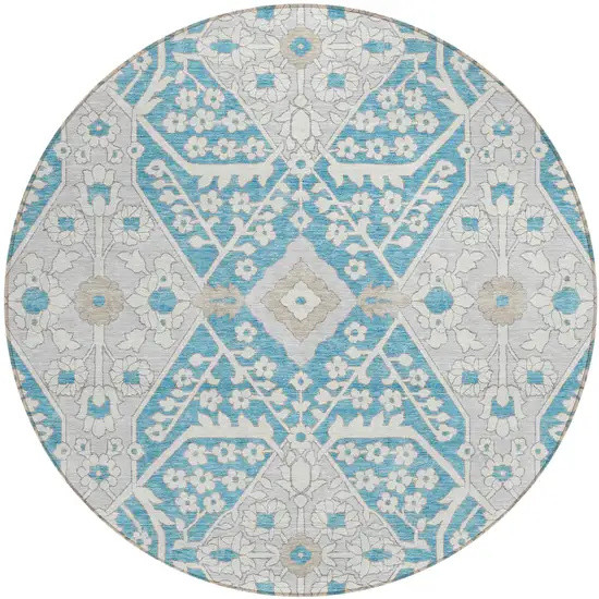 8' Teal Blue Gray And Beige Round Floral Washable Indoor Outdoor Area Rug Photo 2