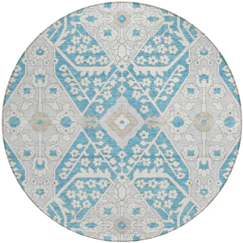 8' Teal Blue Gray And Beige Round Floral Washable Indoor Outdoor Area Rug Photo 2