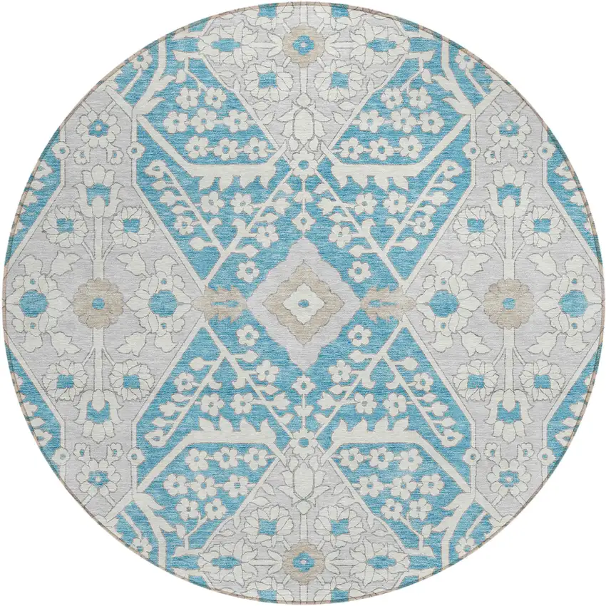 8' Teal Blue Gray And Beige Round Floral Washable Indoor Outdoor Area Rug Photo 2