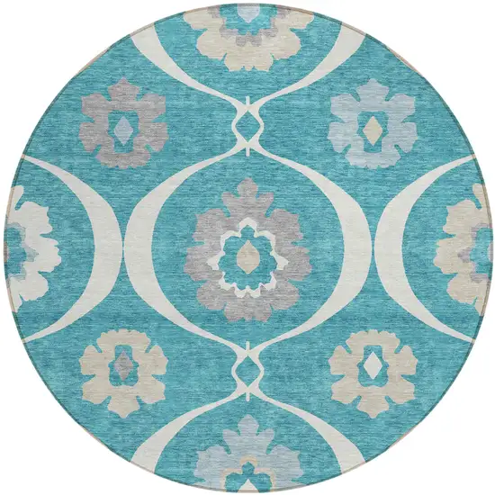 8' Teal Blue Gray And Beige Round Medallion Washable Indoor Outdoor Area Rug Photo 2