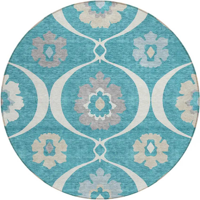 8' Teal Blue Gray And Beige Round Medallion Washable Indoor Outdoor Area Rug Photo 2