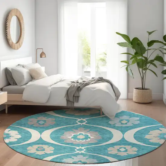 8' Teal Blue Gray And Beige Round Medallion Washable Indoor Outdoor Area Rug Photo 8