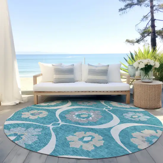 8' Teal Blue Gray And Beige Round Medallion Washable Indoor Outdoor Area Rug Photo 7