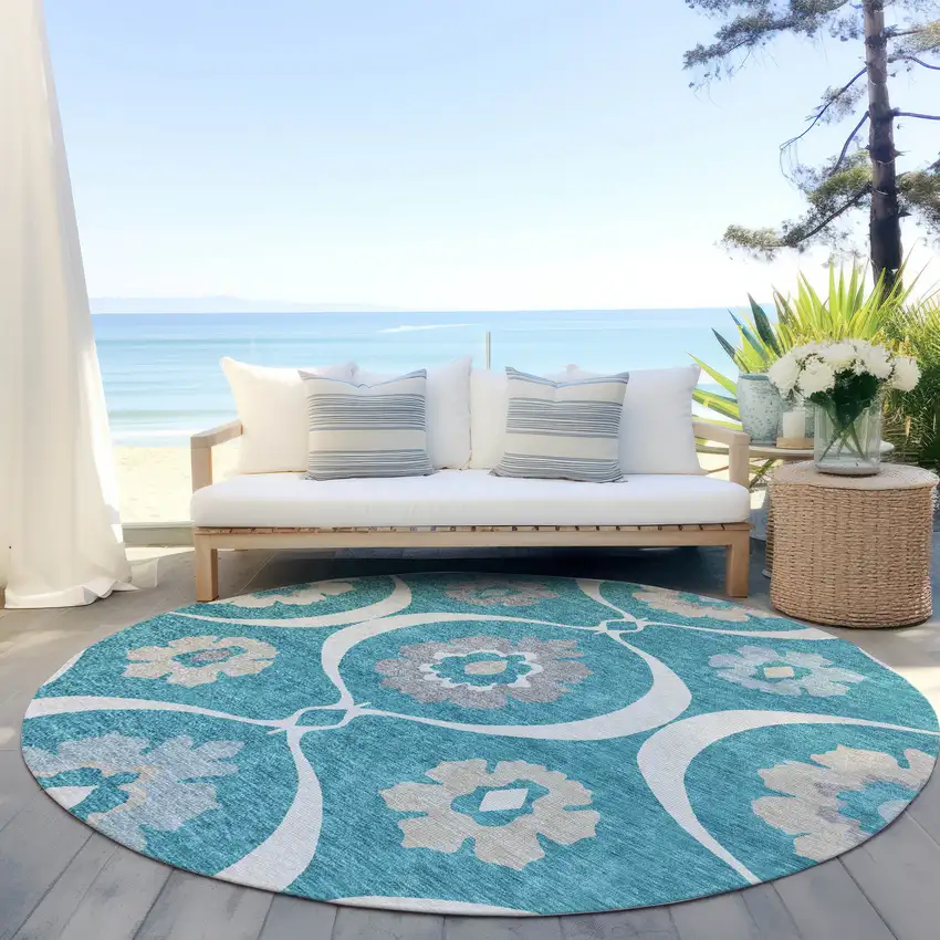 8' Teal Blue Gray And Beige Round Medallion Washable Indoor Outdoor Area Rug Photo 7