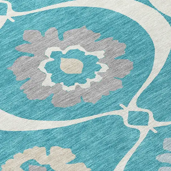 8' Teal Blue Gray And Beige Round Medallion Washable Indoor Outdoor Area Rug Photo 5
