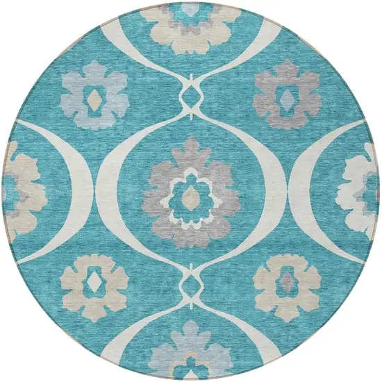 8' Teal Blue Gray And Beige Round Medallion Washable Indoor Outdoor Area Rug Photo 6
