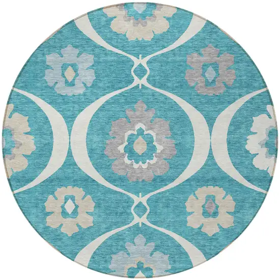 8' Teal Blue Gray And Beige Round Medallion Washable Indoor Outdoor Area Rug Photo 6