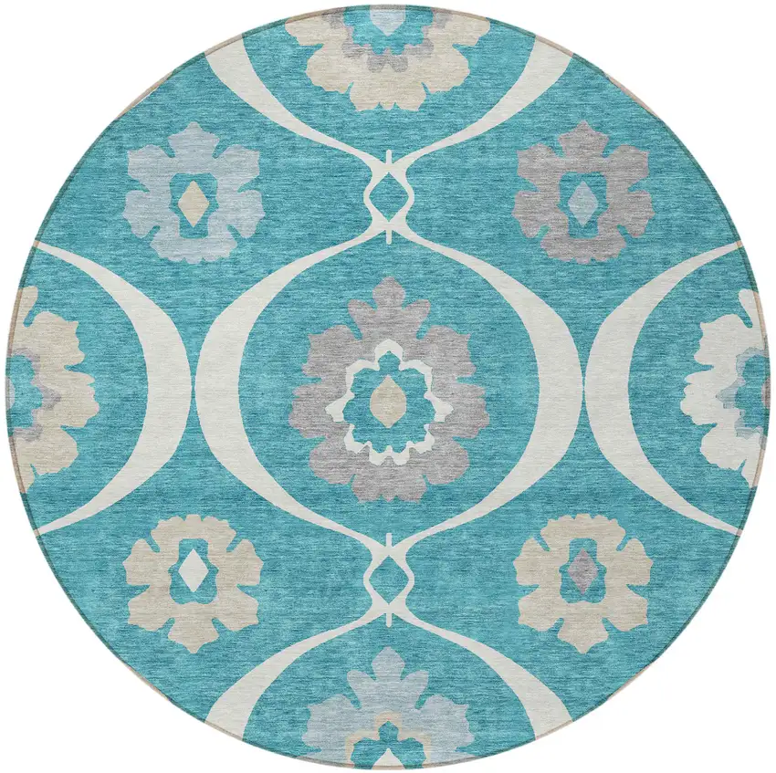 8' Teal Blue Gray And Beige Round Medallion Washable Indoor Outdoor Area Rug Photo 6