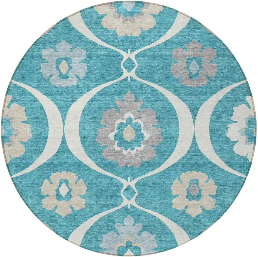8' Teal Blue Gray And Beige Round Medallion Washable Indoor Outdoor Area Rug Photo 6