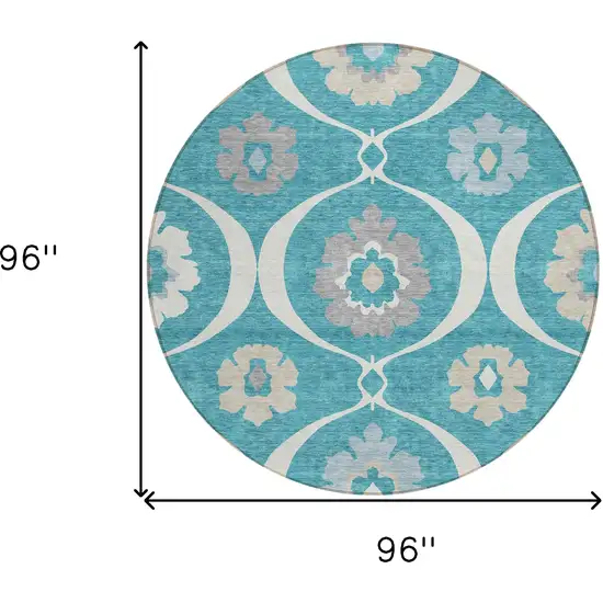 8' Teal Blue Gray And Beige Round Medallion Washable Indoor Outdoor Area Rug Photo 3