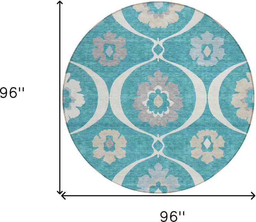 8' Teal Blue Gray And Beige Round Medallion Washable Indoor Outdoor Area Rug Photo 3