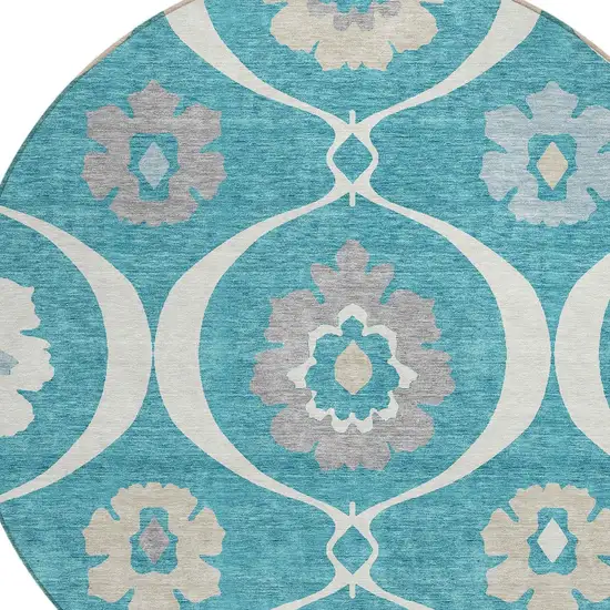 8' Teal Blue Gray And Beige Round Medallion Washable Indoor Outdoor Area Rug Photo 4