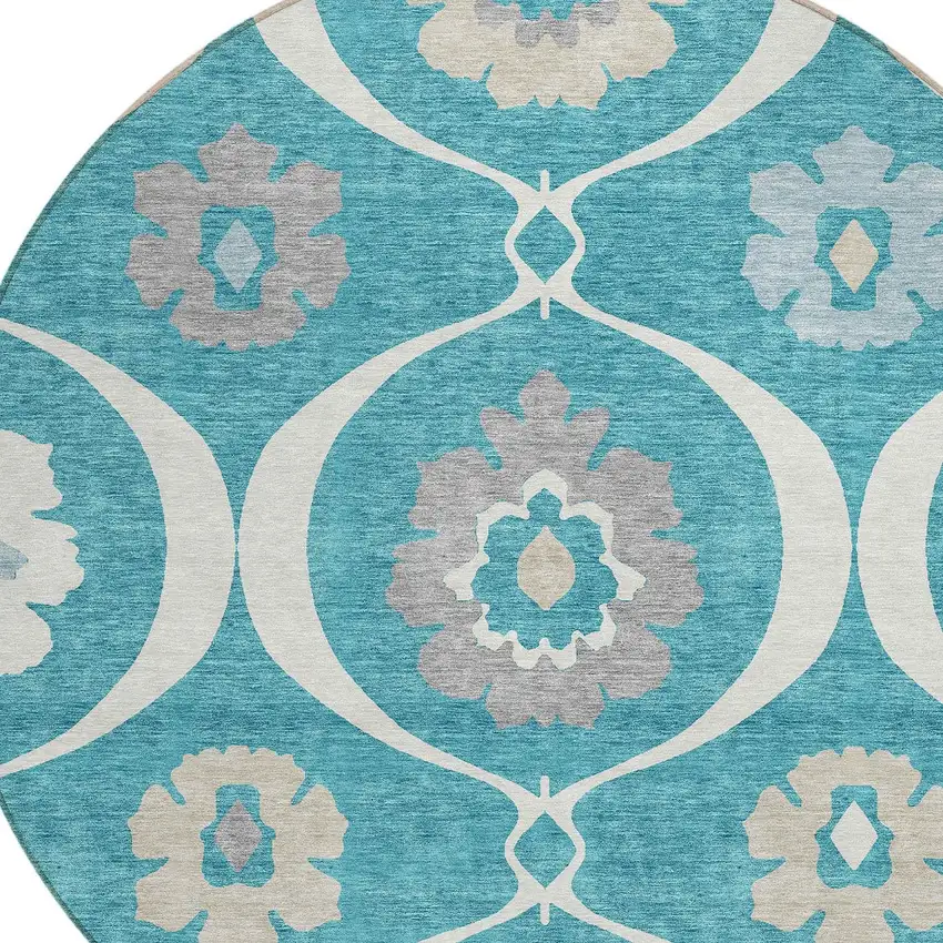 8' Teal Blue Gray And Beige Round Medallion Washable Indoor Outdoor Area Rug Photo 4