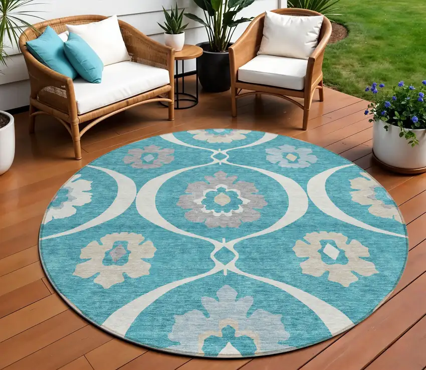 8' Teal Blue Gray And Beige Round Medallion Washable Indoor Outdoor Area Rug Photo 1