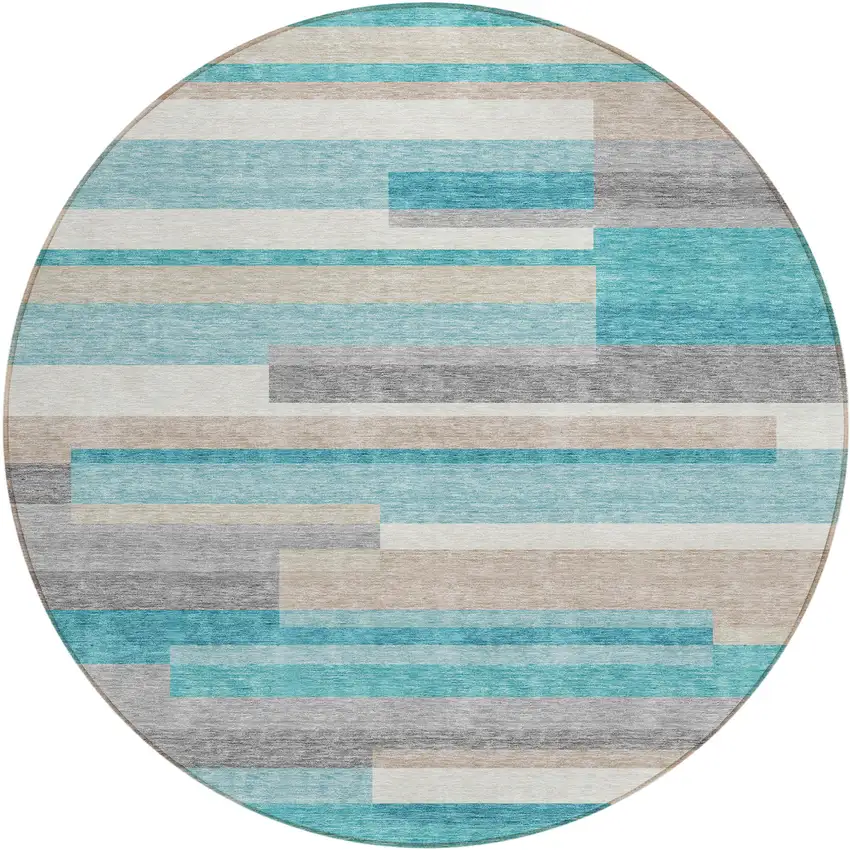 8' Teal Blue Gray And Beige Round Striped Washable Indoor Outdoor Area Rug Photo 2