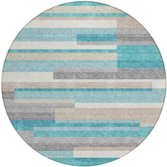 8' Teal Blue Gray And Beige Round Striped Washable Indoor Outdoor Area Rug Photo 2
