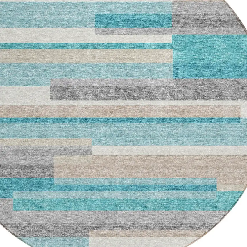 8' Teal Blue Gray And Beige Round Striped Washable Indoor Outdoor Area Rug Photo 5