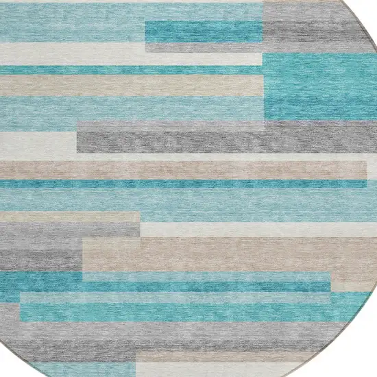 8' Teal Blue Gray And Beige Round Striped Washable Indoor Outdoor Area Rug Photo 5