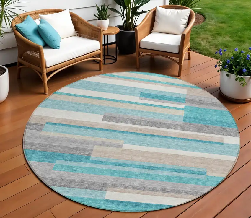 8' Teal Blue Gray And Beige Round Striped Washable Indoor Outdoor Area Rug Photo 1