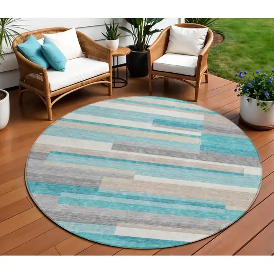 8' Teal Blue Gray And Beige Round Striped Washable Indoor Outdoor Area Rug Photo 1