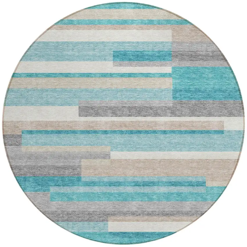 8' Teal Blue Gray And Beige Round Striped Washable Indoor Outdoor Area Rug Photo 6