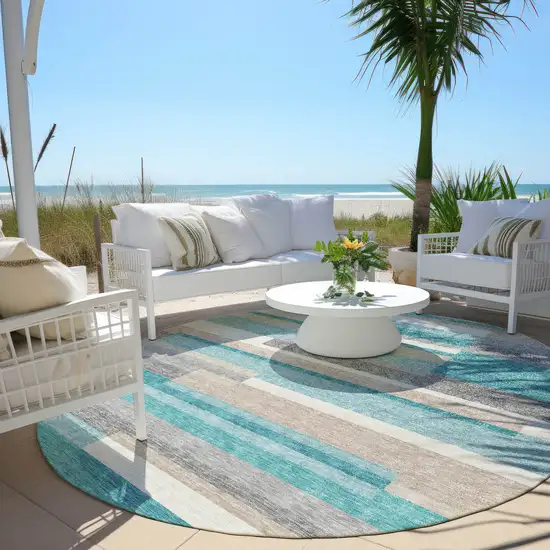 8' Teal Blue Gray And Beige Round Striped Washable Indoor Outdoor Area Rug Photo 7