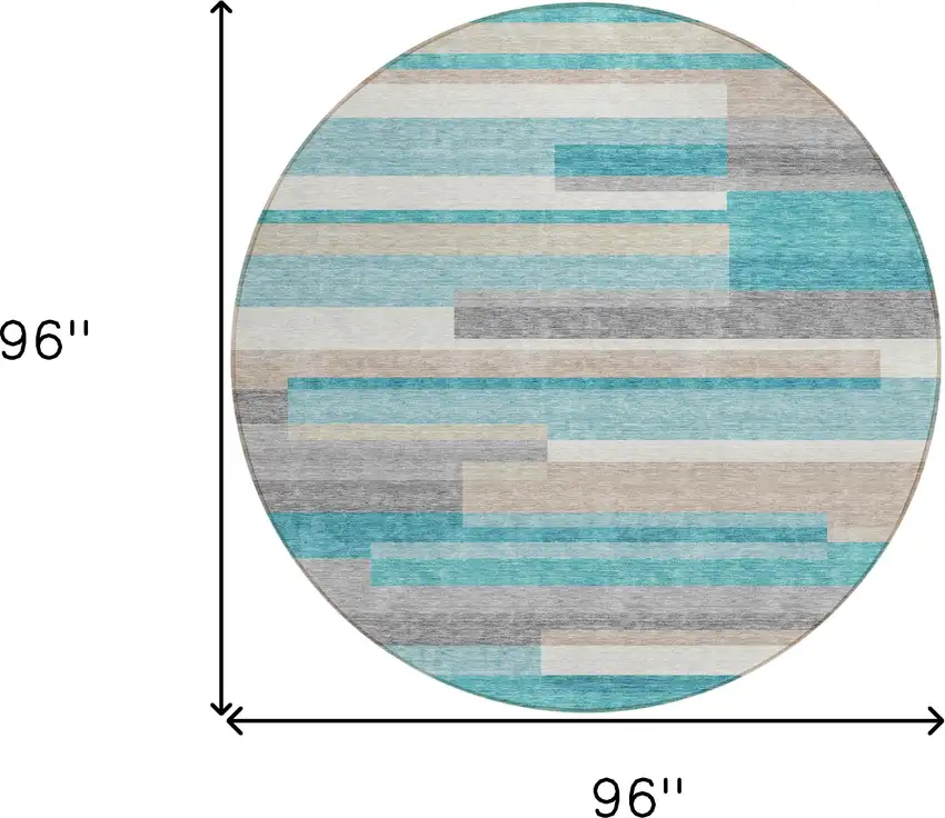 8' Teal Blue Gray And Beige Round Striped Washable Indoor Outdoor Area Rug Photo 9