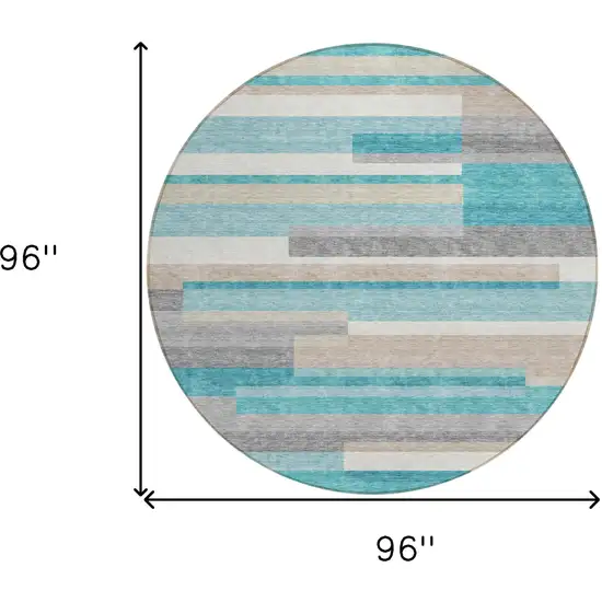 8' Teal Blue Gray And Beige Round Striped Washable Indoor Outdoor Area Rug Photo 9