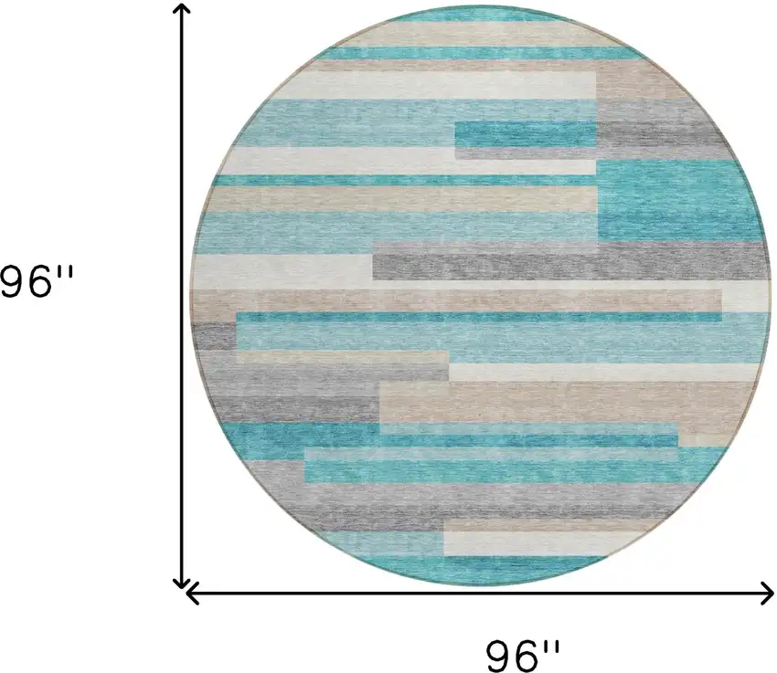 8' Teal Blue Gray And Beige Round Striped Washable Indoor Outdoor Area Rug Photo 9