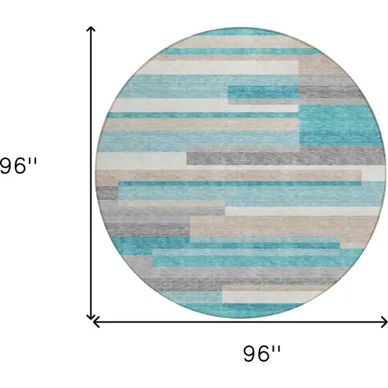 8' Teal Blue Gray And Beige Round Striped Washable Indoor Outdoor Area Rug Photo 9