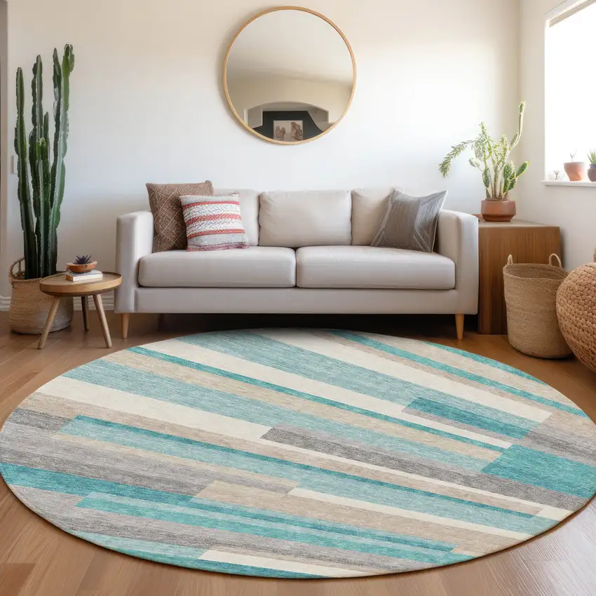 8' Teal Blue Gray And Beige Round Striped Washable Indoor Outdoor Area Rug Photo 8